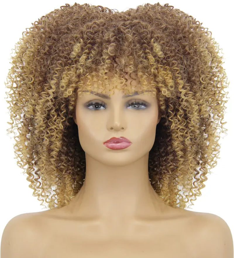 Short Afro Curly Wigs for Black Women, Ombre Blonde Kinky Curly Fluffy Hair Wig with Bangs, Cute Fashion Natural Looking Heat Resistant Full Synthetic Wig for Daily Party A053