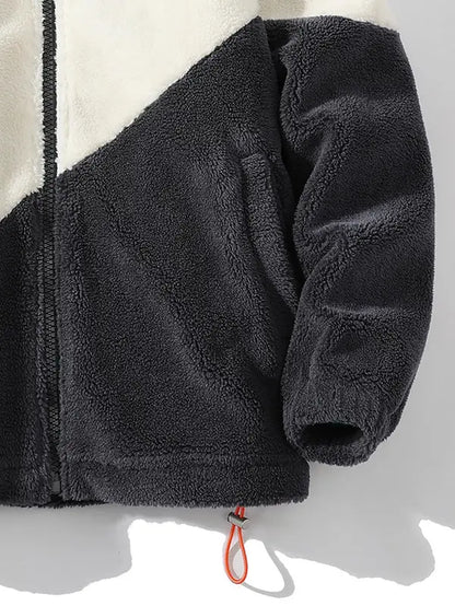 Men'S Colorblock Patched Zip up Drop Shoulder Fuzzy Coat, Comfort Stylish Casual Comfy Loose Zipper Mock Neck Longsleeves Outerwear for Daily Wear, Men'S Clothes for Spring & Fall, Menswear Tops, Drippy Outfits, Going Out Outfits