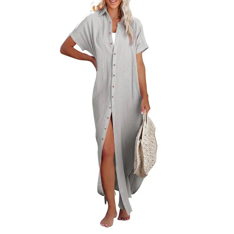 Dokotoo Womens Casual Short Sleeve Side Split Button down Long Kimonos Cardigans Swimsuit Cover Ups