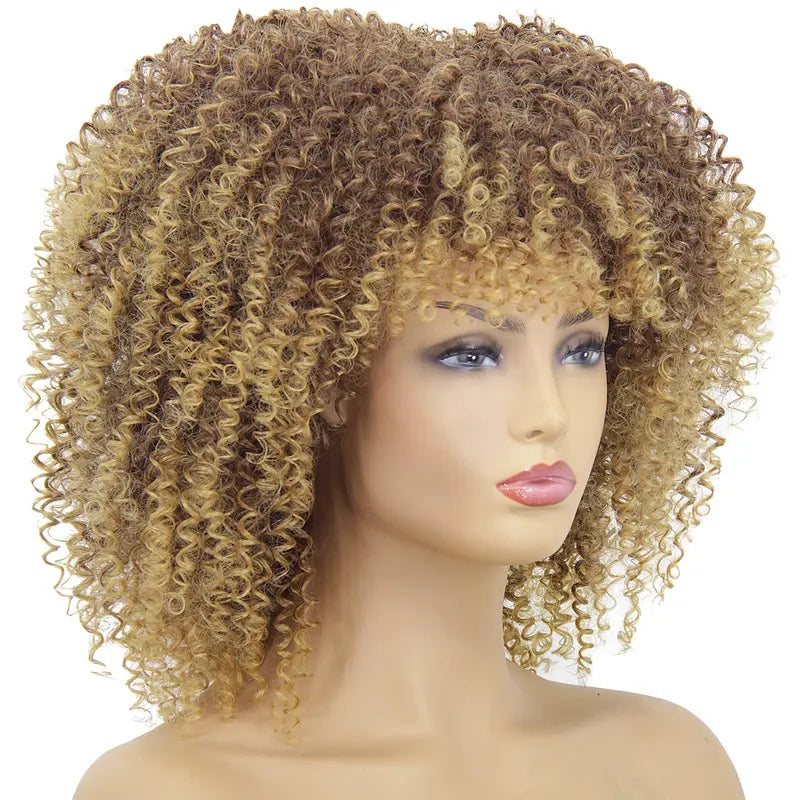 Short Afro Curly Wigs for Black Women, Ombre Blonde Kinky Curly Fluffy Hair Wig with Bangs, Cute Fashion Natural Looking Heat Resistant Full Synthetic Wig for Daily Party A053