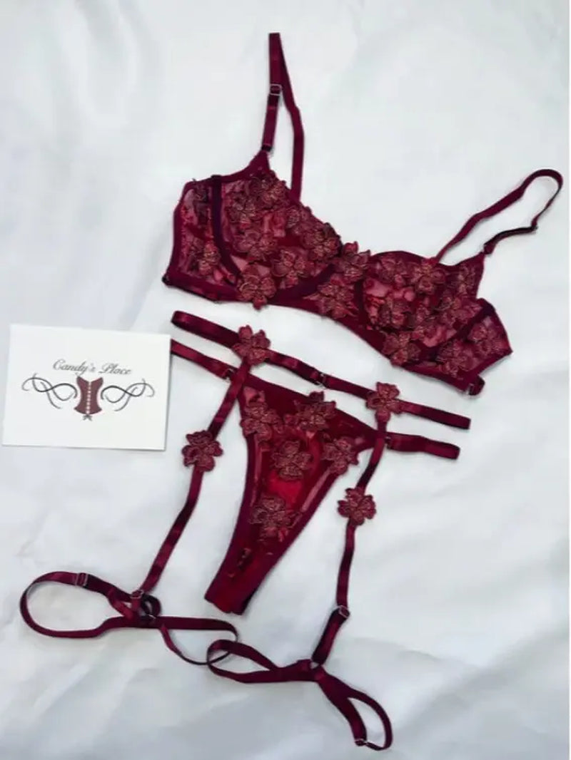 Floral Embroidery Semi Sheer Lingerie Set, Underwire Intimates Bra & Garter Belt & Thong, Women'S Sexy Lingerie & Underwear