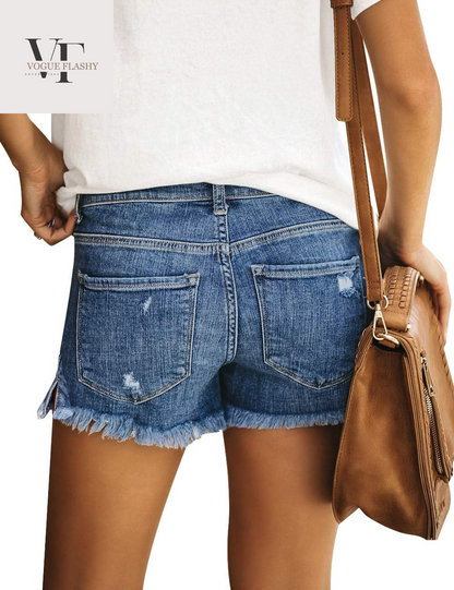 Women'S Casual Mid Rise Denim Shorts Stretch Ripped Raw Hem Jean Shorts