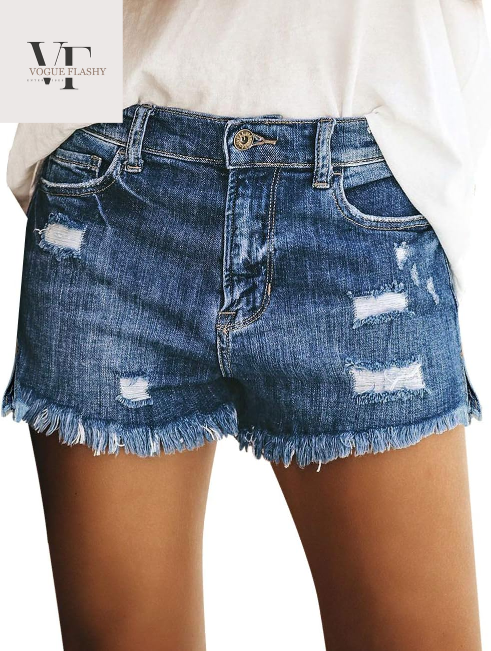 Women'S Casual Mid Rise Denim Shorts Stretch Ripped Raw Hem Jean Shorts